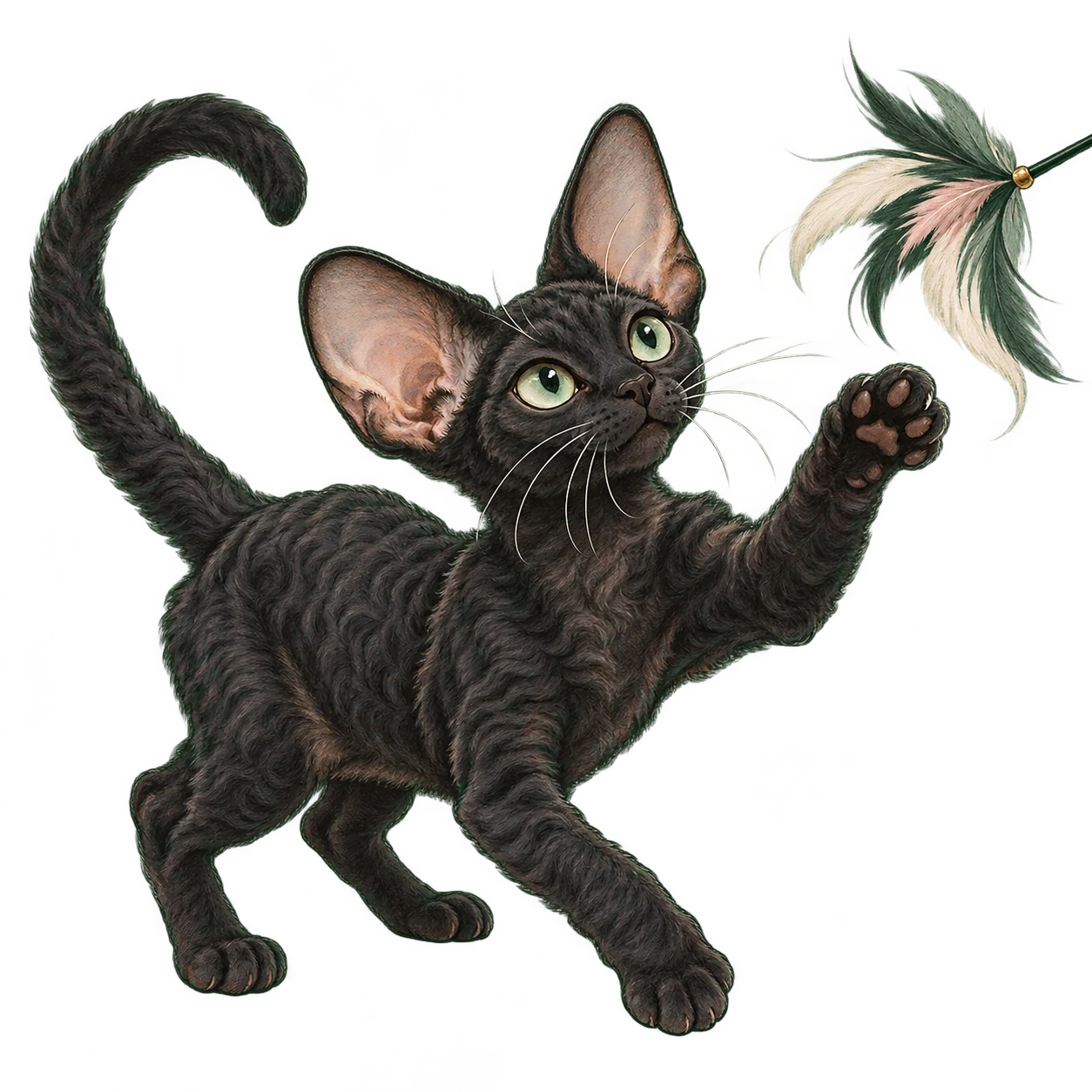 黑色德文猫伸爪与羽毛玩具互动