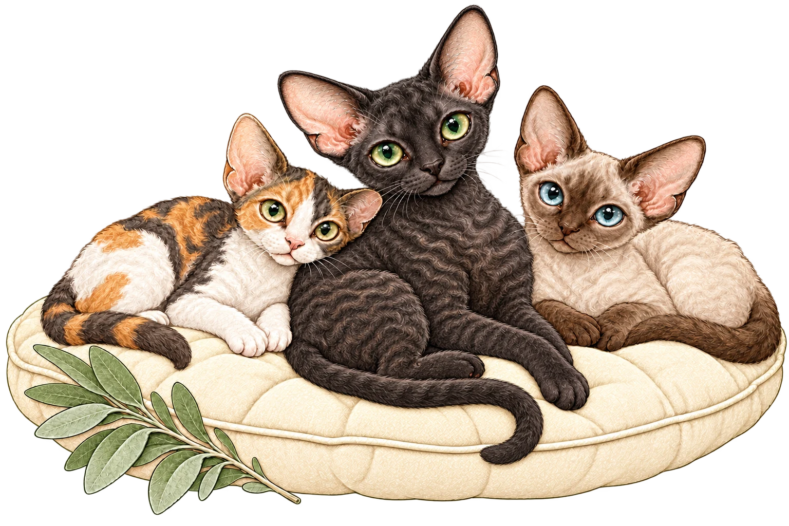 三只德文猫的卡通示意:黑色短卷毛猫与三花、重点色猫一起靠在软垫上